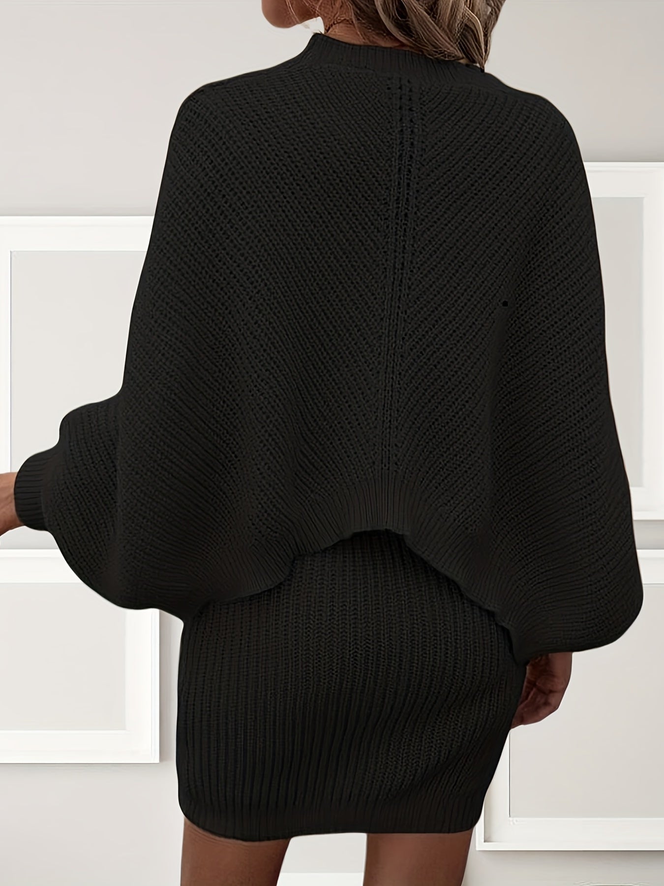 Sixsr Solid Knit Two-piece Dress Set, Bodycon Cami Dress & Loose Long Sleeve Sweater Outfits, Women's Clothing