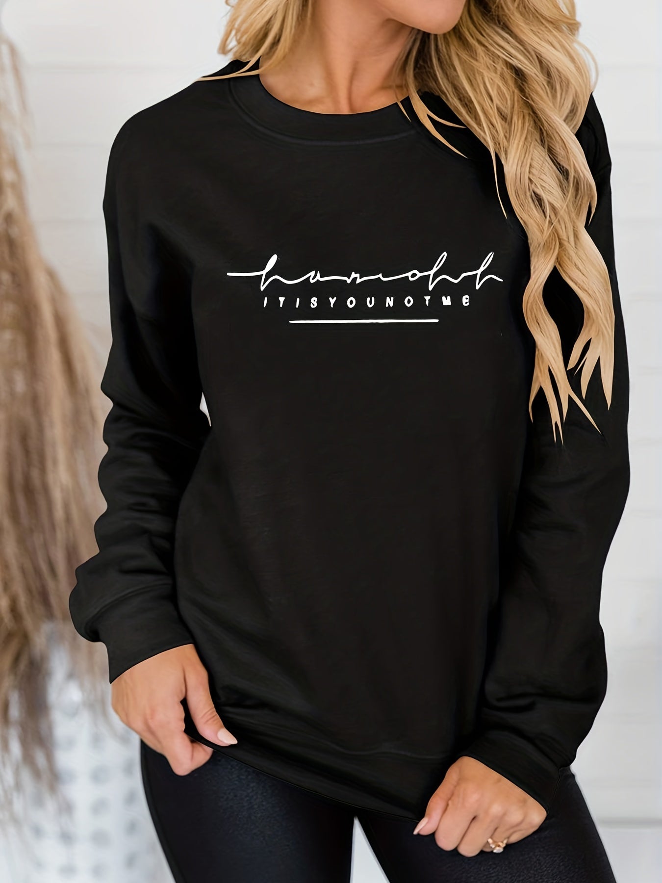 Sixsr Plus Size Casual Sweatshirt, Women's Plus Art Letter Print Long Sleeve Crew Neck Medium Stretch Pullover Sweatshirt, Casual Tops For Fall & Winter, Plus Size Women's Clothing