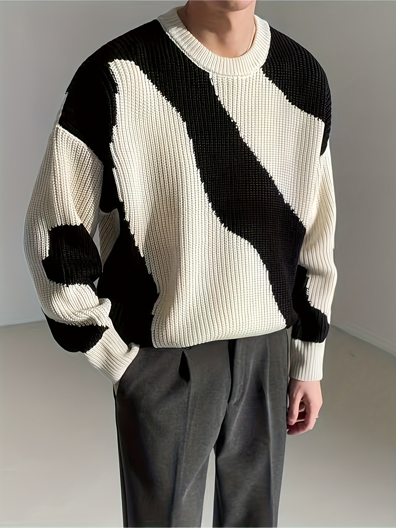 Sixsr All Match Knitted Color Block Wave Pattern Cable Sweater, Men's Casual Warm Slightly Stretch Crew Neck Pullover Sweater For Men Fall Winter