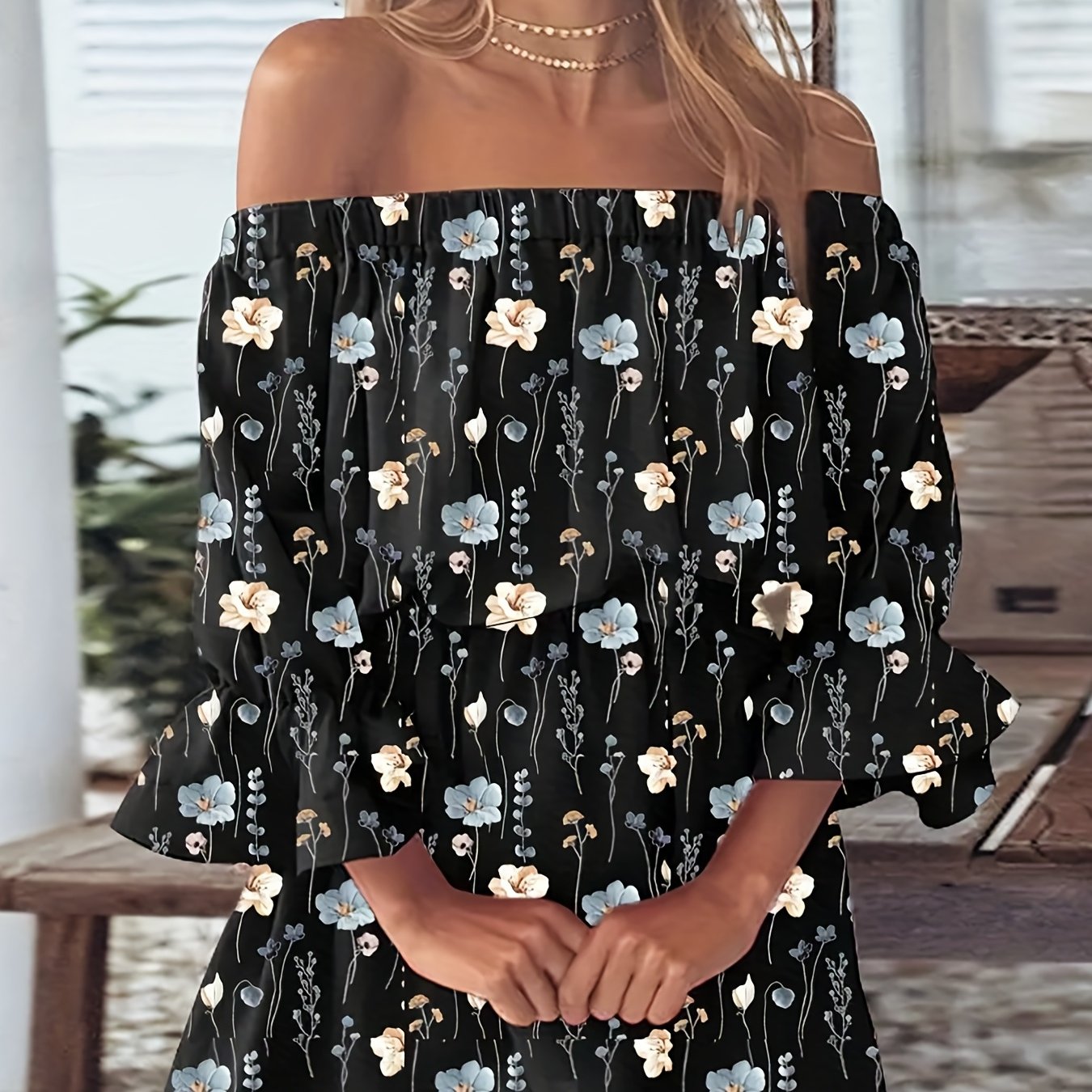 Sixsr Boho Leaf Graphic Print Off Shoulder Dress, Sexy Backless Ruffle Sleeve Dress For Spring & Summer, Women's Clothing