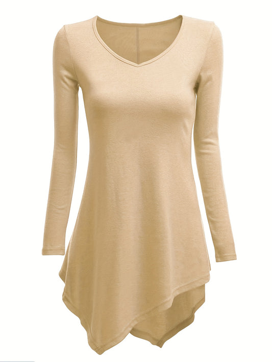 Sixsr Plus Size Casual Knit Top, Women's Plus Solid Long Sleeve V Neck Asymmetrical Hem Top