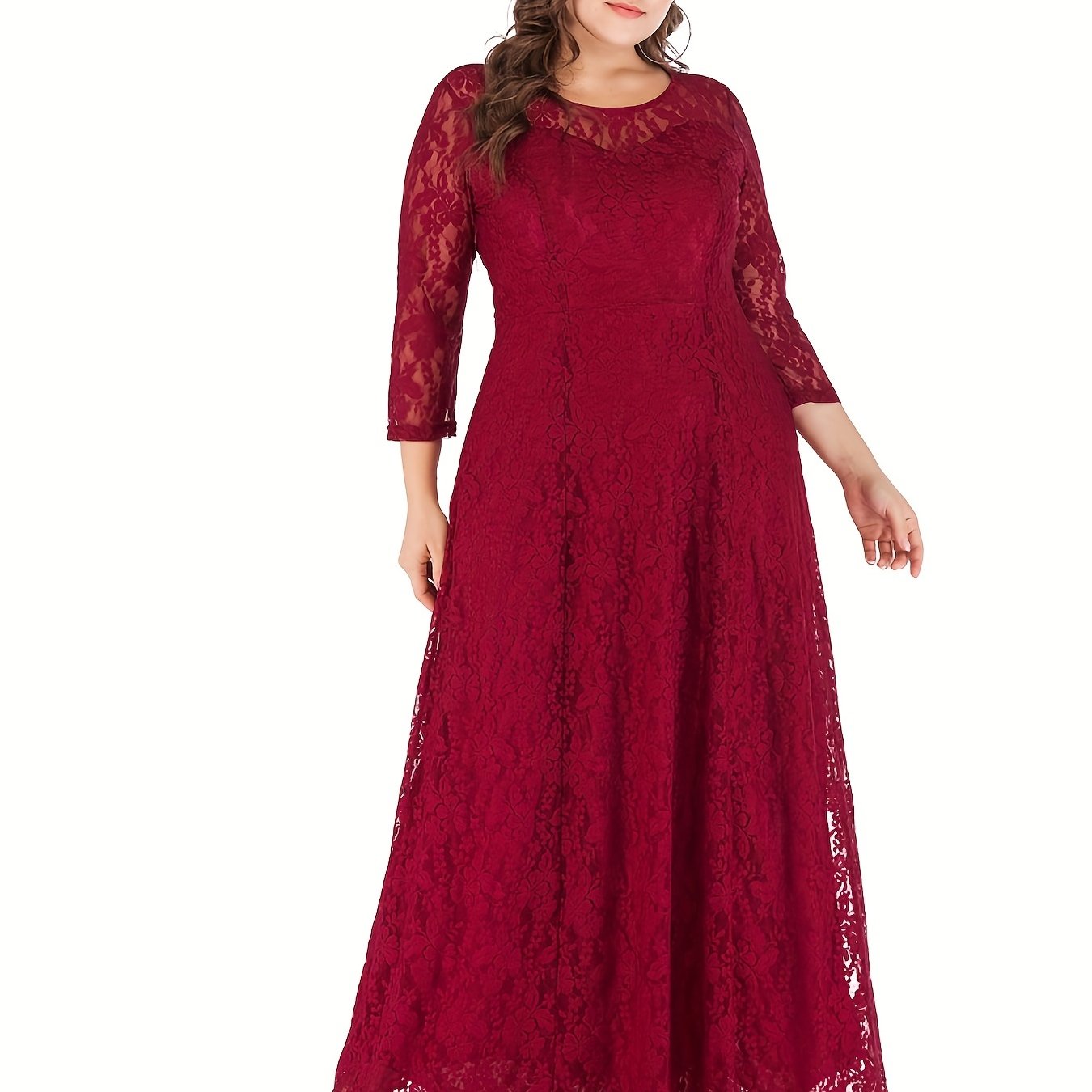 Sixsr Plus Size Romantic Wedding Dress, Women's Plus Floral Lace Long Sleeve Round Neck Lined Formal Party Dress