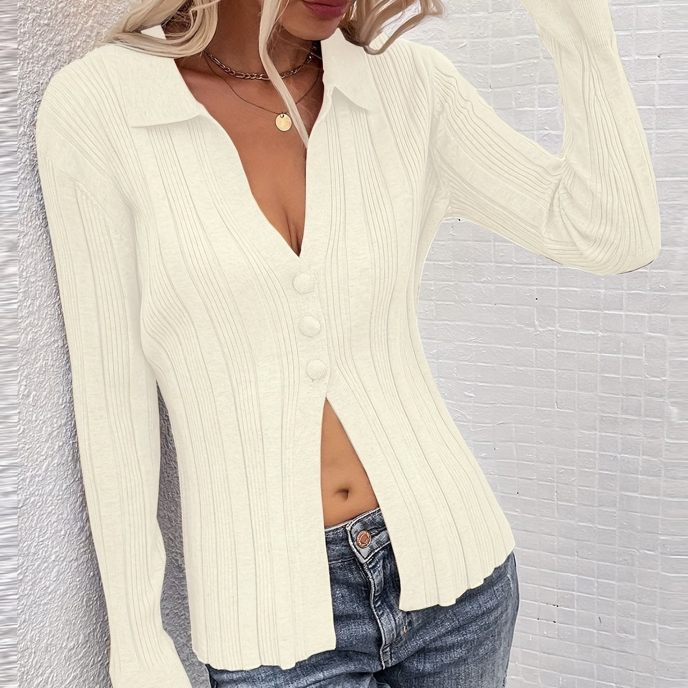 Sixsr Buttons Solid Knit Cardigan, Casual V Neck Long Sleeve Sweater, Women's Clothing
