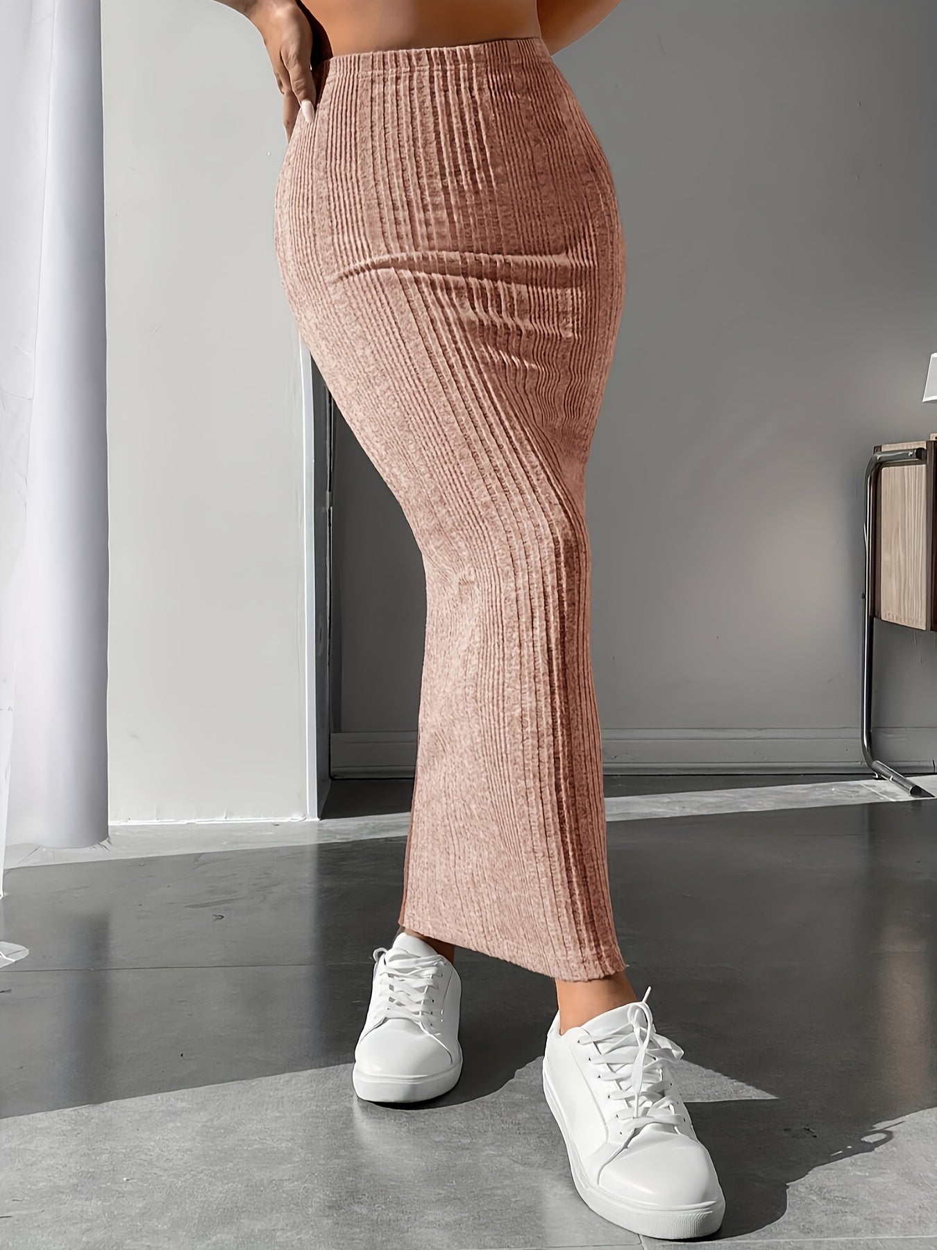 Sixsr Solid Ribbed High Waist Skirt, Casual Ankle Length Skirt For Spring & Fall, Women's Clothing