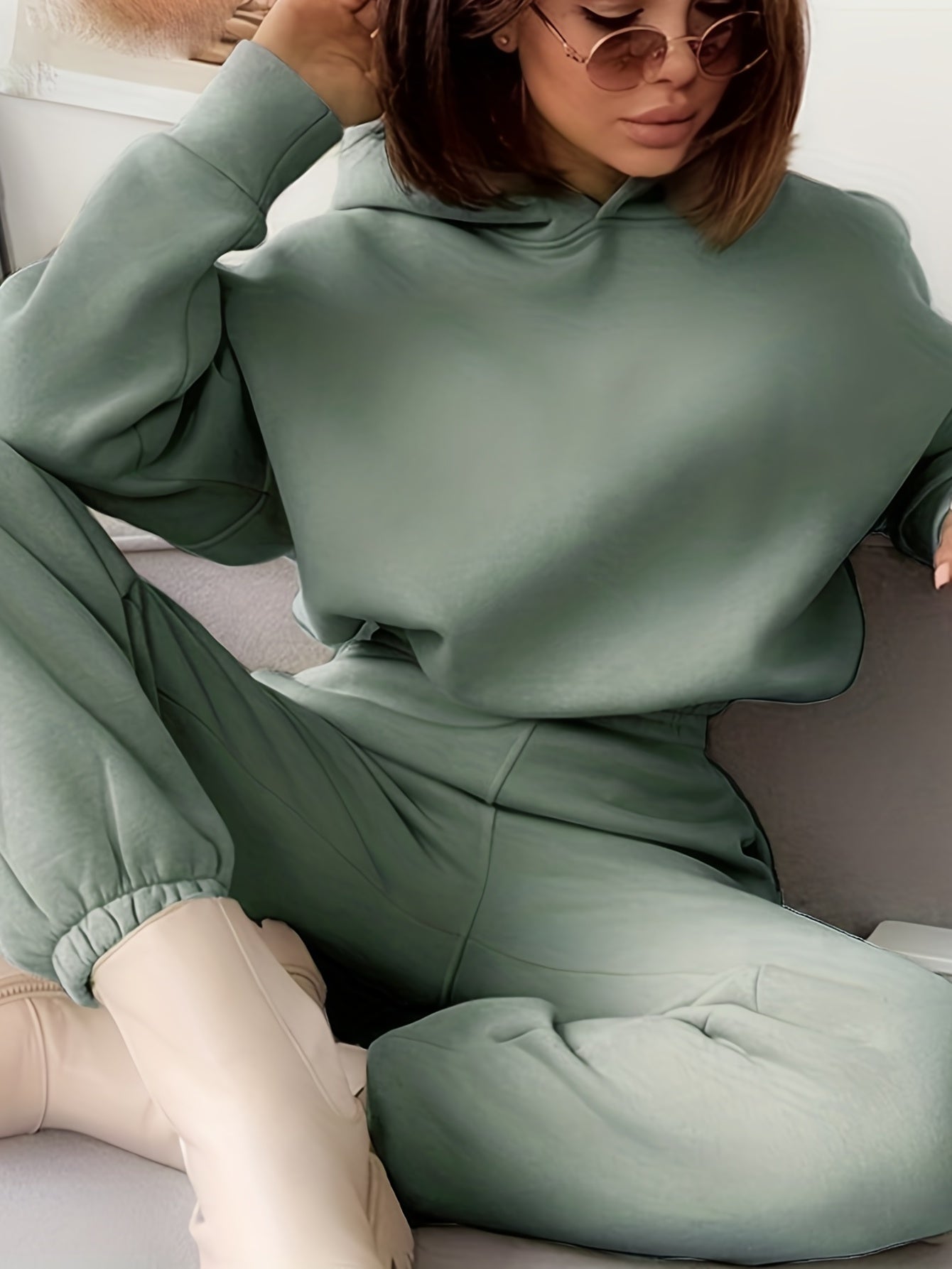 Sixsr Casual Two-piece Set, Solid Hoodie & Elastic Waist Jogger Pants Outfits, Women's Clothing
