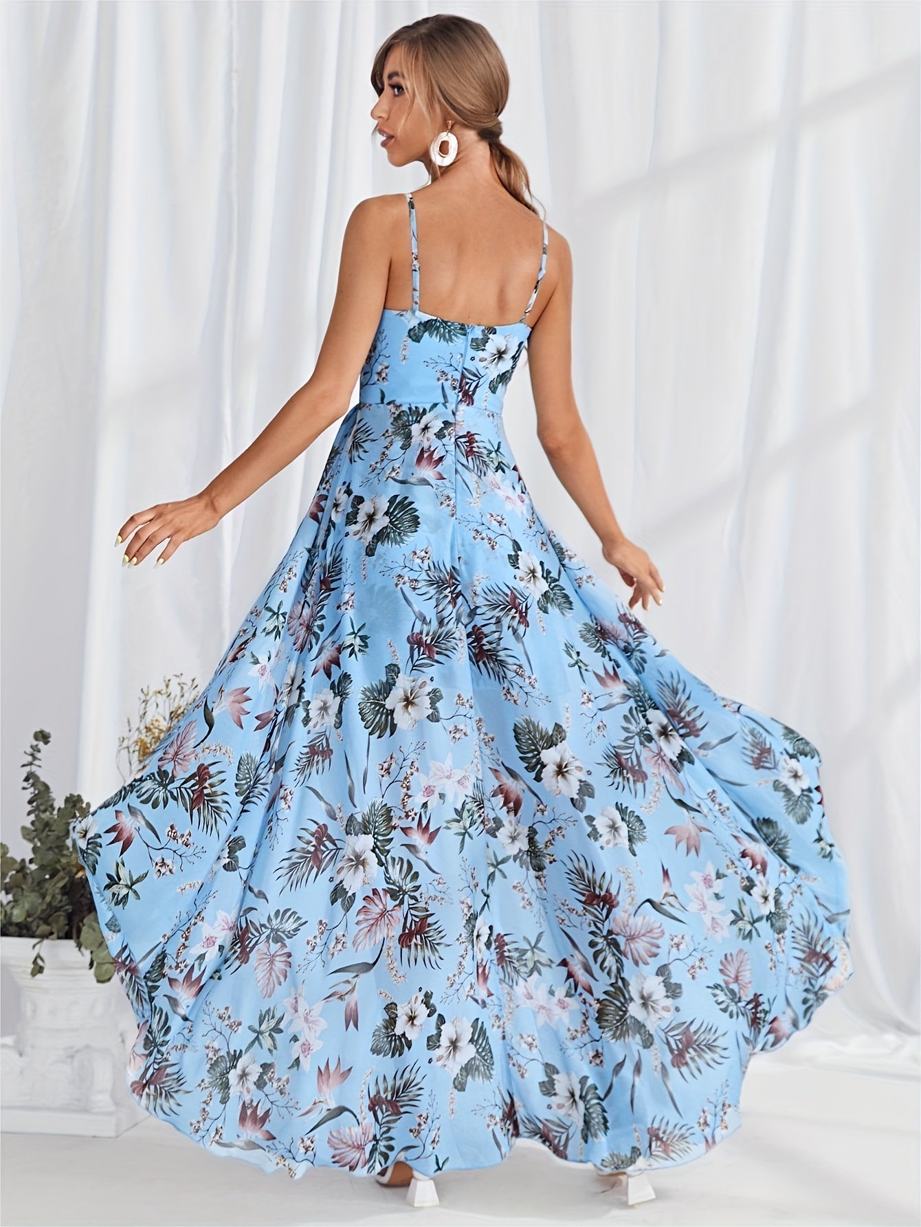 Sixsr Floral Print Sleeveless Dress, Elegant Spaghetti Strap Party Maxi Dress, Women's Clothing