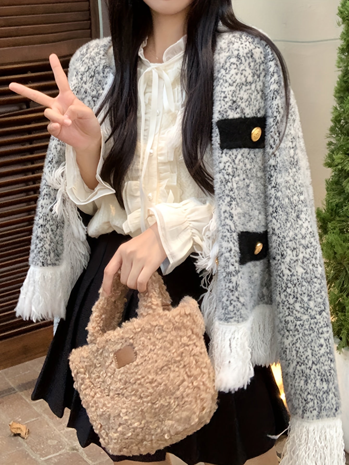 Sixsr Elegant Button Front Fringe Trim Cardigan, Long Sleeve Cardigan For Fall & Winter, Women's Clothing