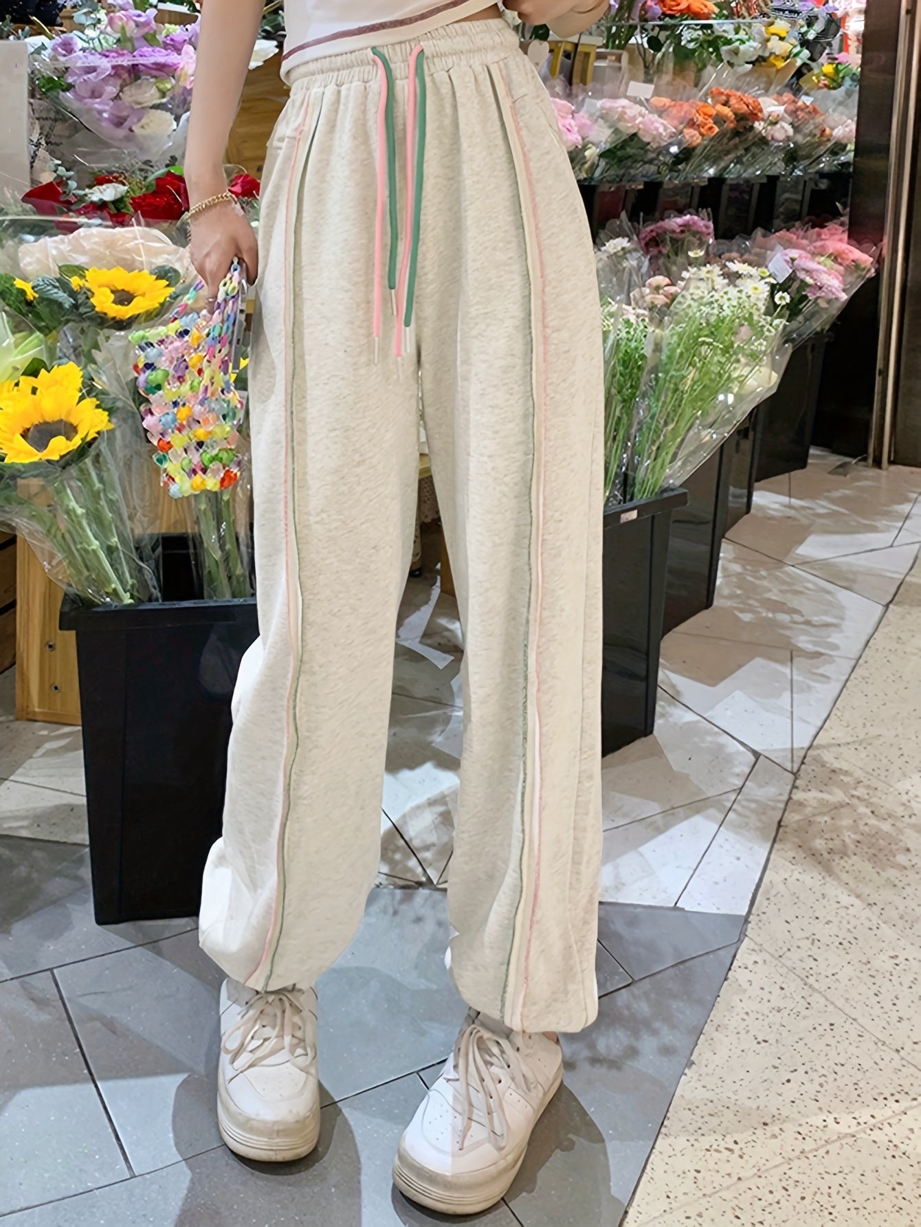 Sixsr Top-stitching Baggy Jogger Pants, Casual Drawstring Sporty Pants With Pocket, Women's Clothing