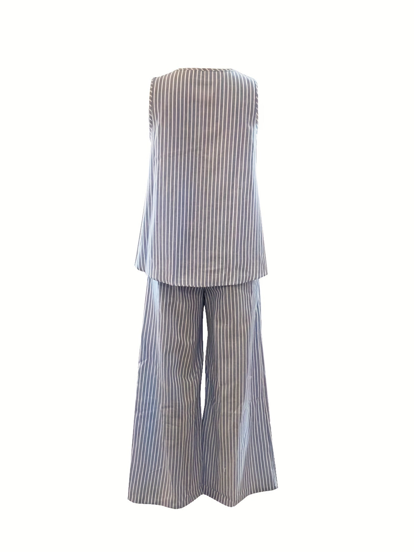 two-piece Stripe Print Matching Set - Casual Crew Neck Tank Top & Wide Leg Pants Outfit for Women - Comfortable and Stylish