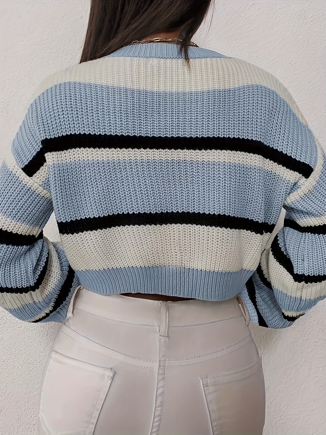 Sixsr Color Block Striped Knit Sweater, Casual Crew Neck Long Sleeve Sweater, Women's Clothing