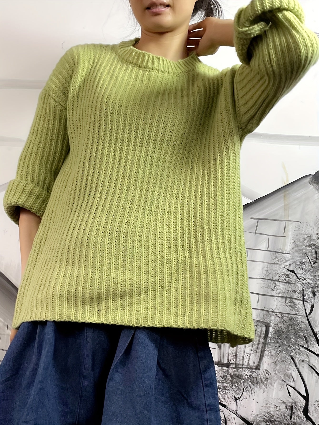 Sixsr Solid Crew Neck Rib Knit Sweater, Casual Long Sleeve Loose Pullover Sweater, Women's Clothing