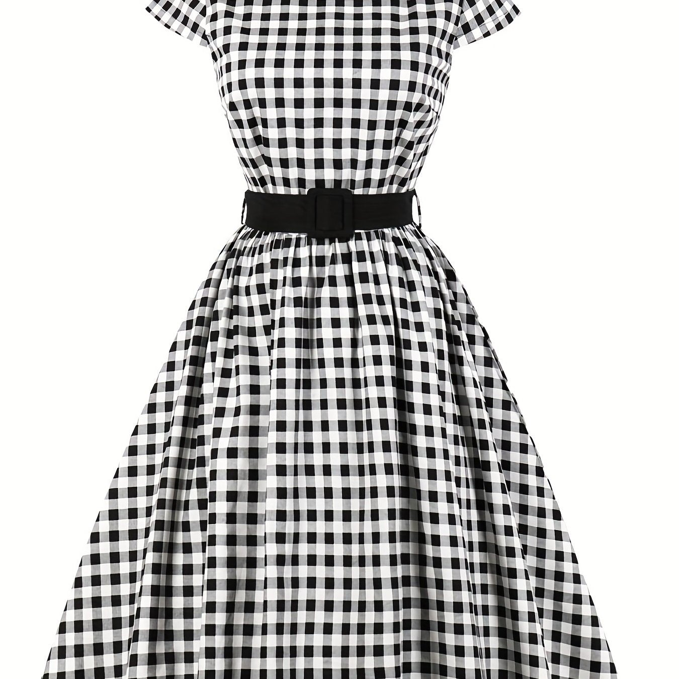 Plus Size Elegant Dress, Women's Plus Plaid Print Cap Sleeve Round Neck Slight Stretch Swing Dress With Belt