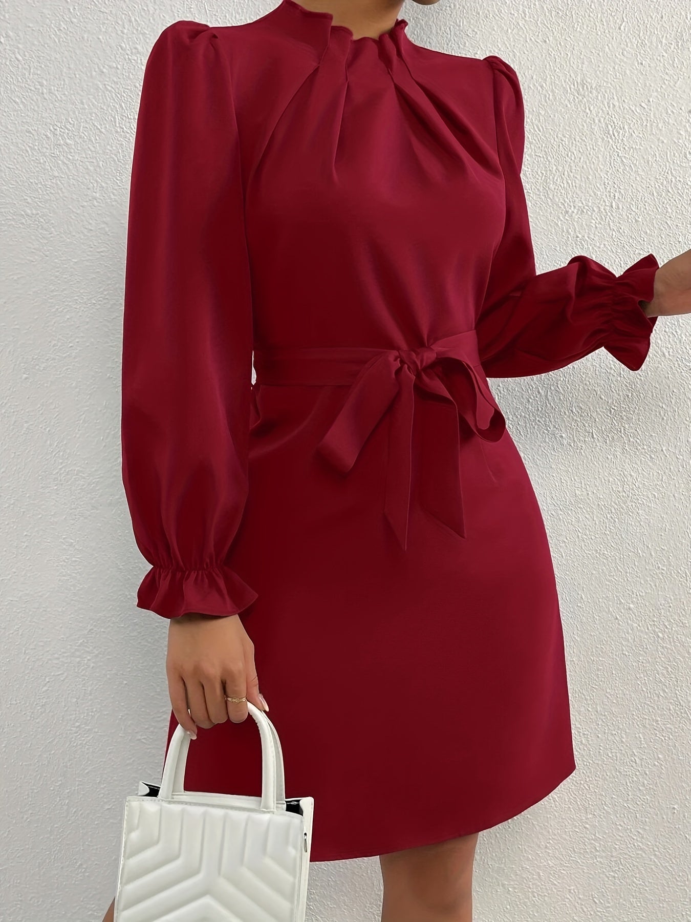 Sixsr Tucked Solid Dress, Elegant Mock Neck Lantern Sleeve Dress, Women's Clothing