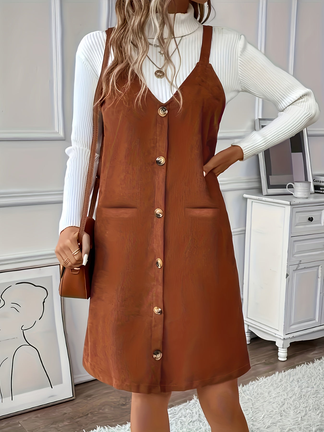 Sixsr Button Decor Dual Pockets Strap Dress, Casual Solid Color V Neck Dress For Spring & Fall, Women's Clothing