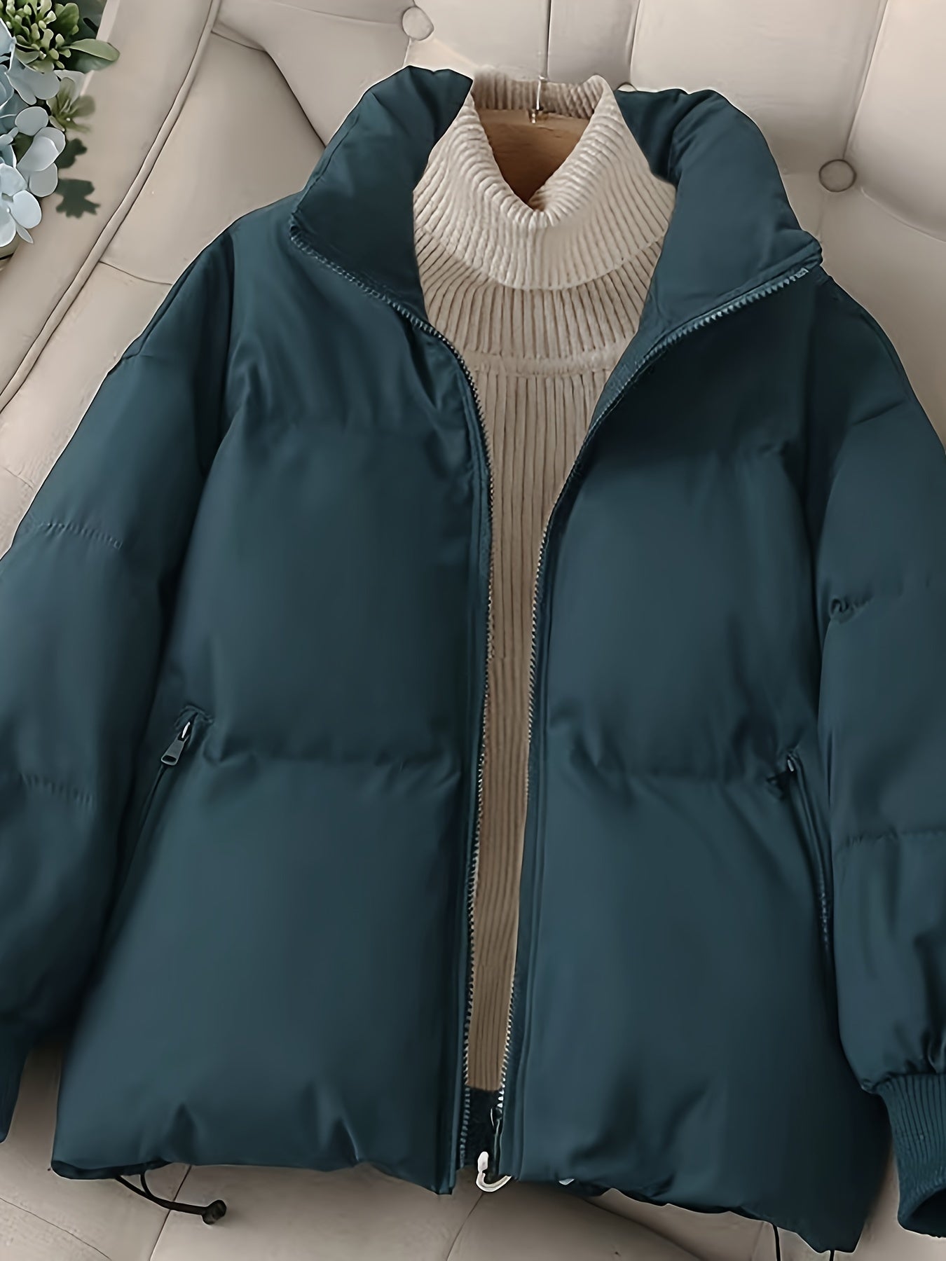 Sixsr Solid Zip Front Coat, Casual Stand Collar Long Sleeve Fall & Winter Warm Outerwear, Women's Clothing