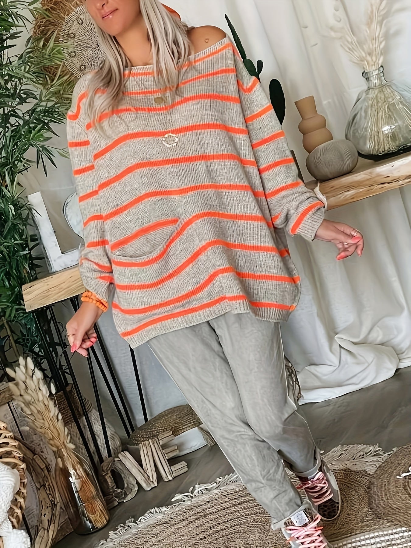 Sixsr Stripe Pattern Pocket Knitted Sweater, Casual Long Sleeve Sweater For Fall & Winter, Women's Clothing
