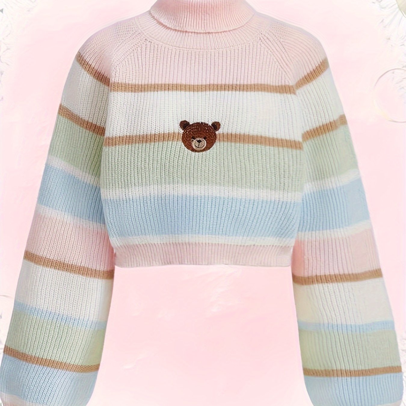 Sixsr Bear Pattern Striped Pullover Sweater, Cute Turtle Neck Long Sleeve Crop Sweater, Women's Clothing