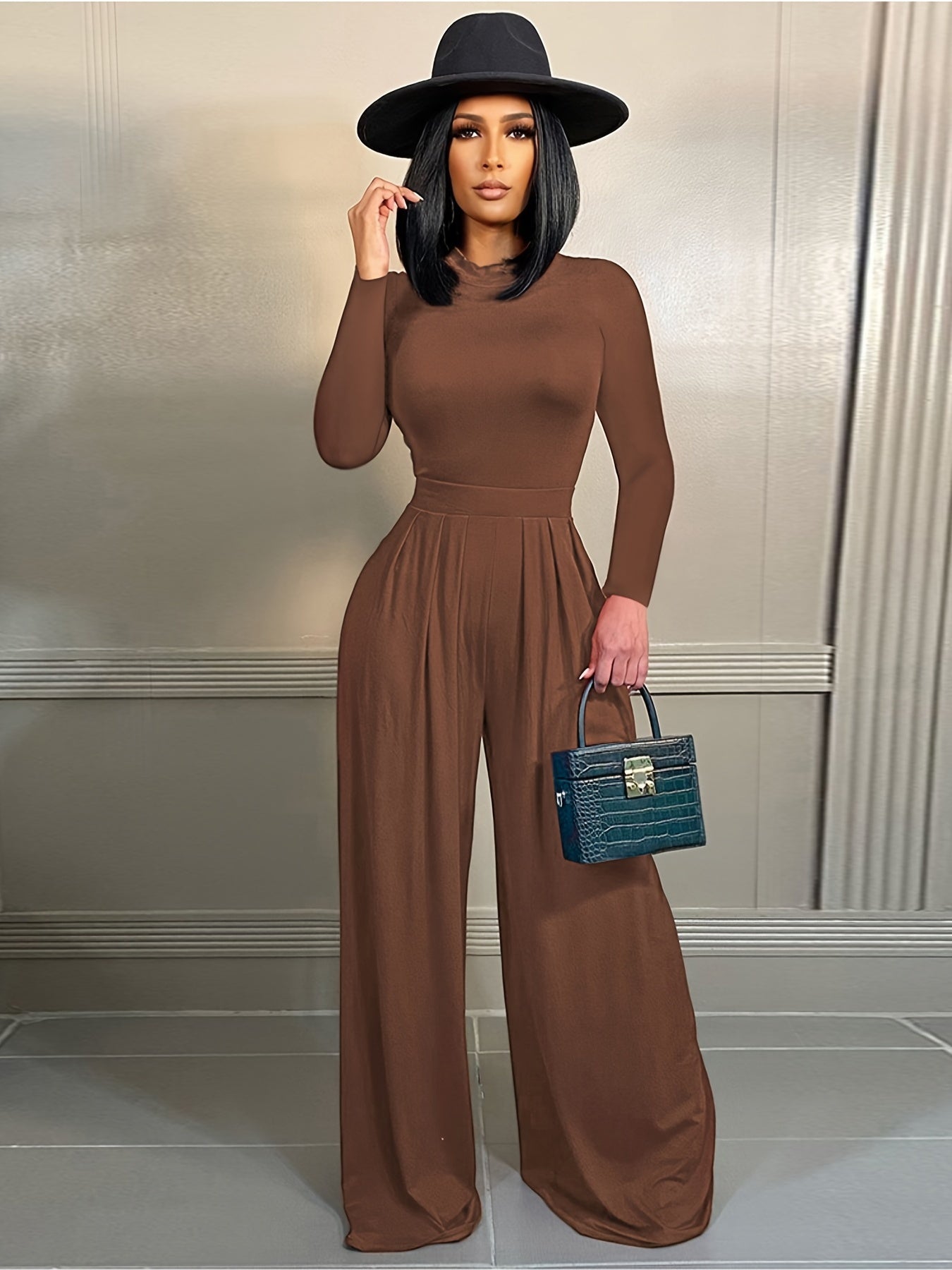 Sixsr Solid Long Sleeve Bodysuit Wide Leg Pants Two-piece Set, Fashion Fall Winter Outfits, Women's Clothing
