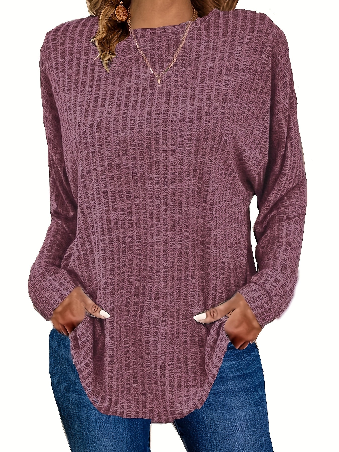 Sixsr Plus Size Casual Sweater, Women's Plus Solid Ribbed Long Sleeve Round Neck Knit Top