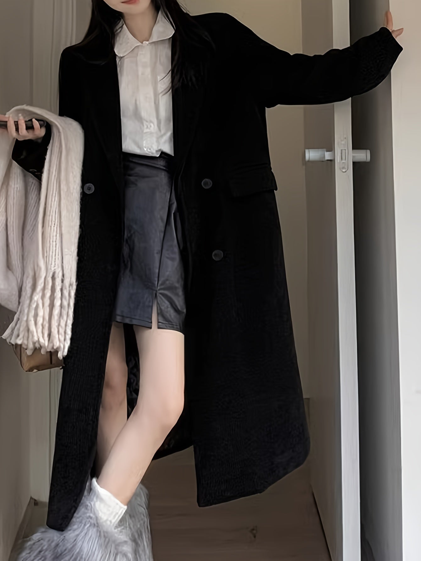 Sixsr Solid Double-breasted Overcoat, Casual Long Sleeve Lapel Warm Outwear For Fall & Winter, Women's Clothing