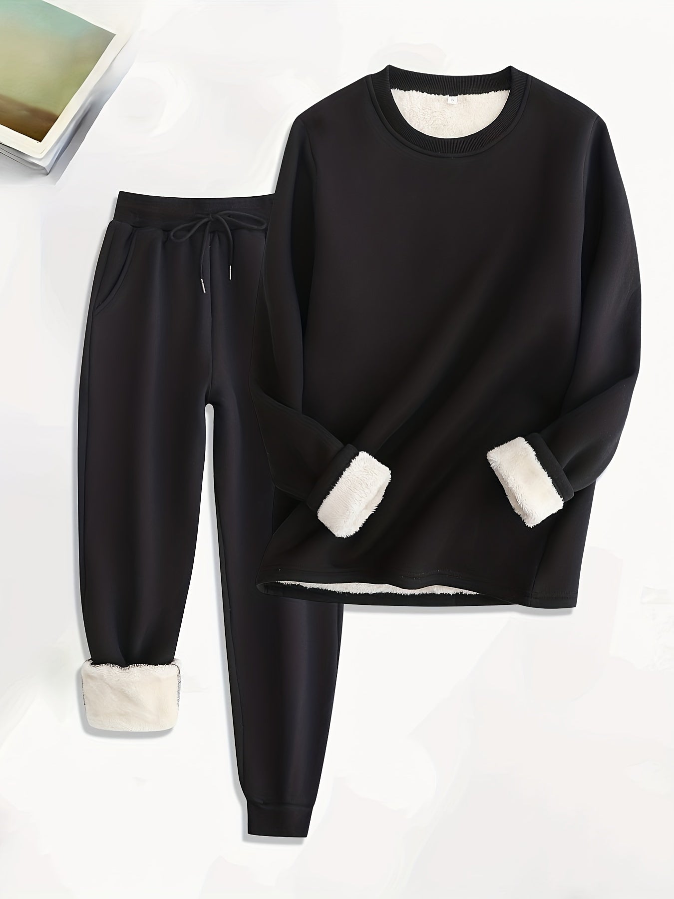 Sixsr Solid Fleece Two-piece Set, Casual Long Sleeve Sweatshirt & Drawstring Jogger Pants Outfits, Women's Clothing