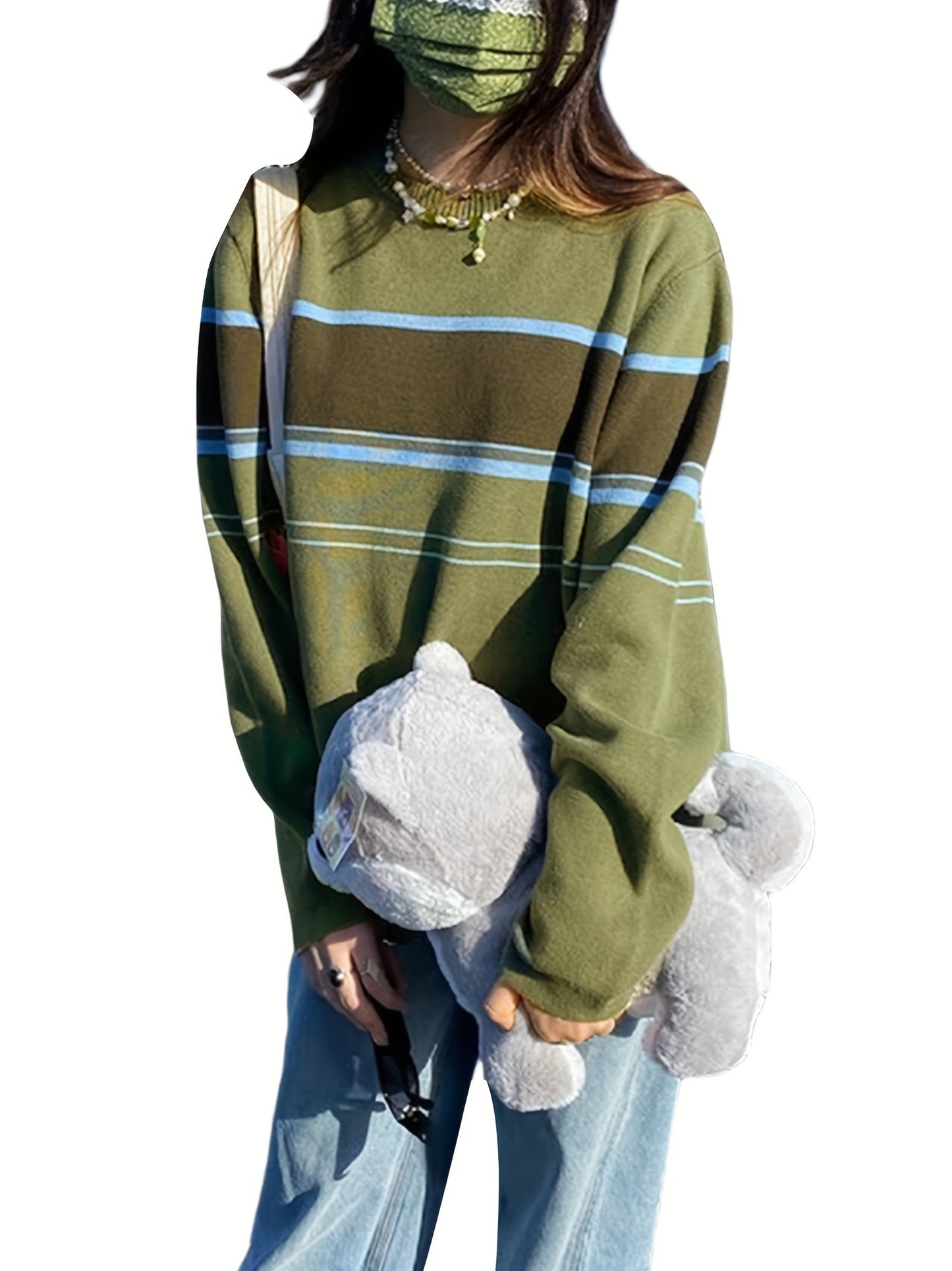 Sixsr Striped Print Knit Sweater, Casual Crew Neck Long Sleeve Sweater, Women's Clothing