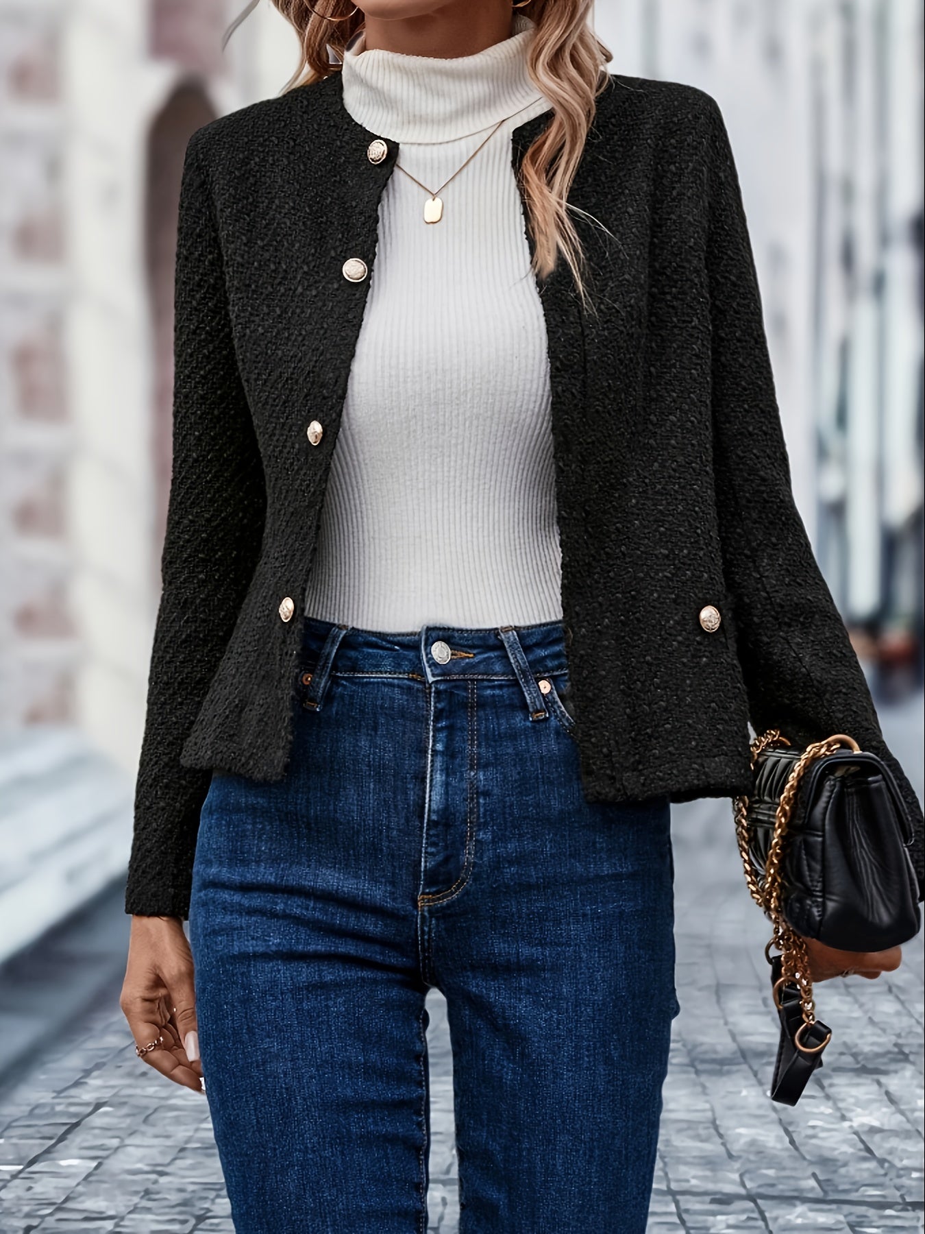 Sixsr Solid Single Breasted Jacket, Elegant Long Sleeve Outwear For Fall & Winter, Women's Clothing