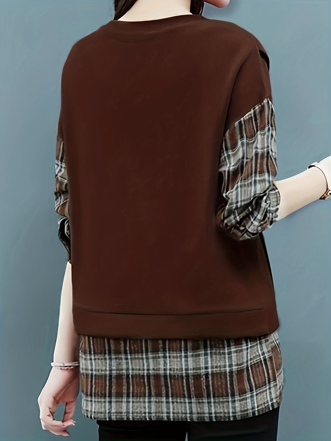 Sixsr Long Sleeve Plaid Pullover, Crew Neck Casual Top For Spring & Fall, Women's Clothing