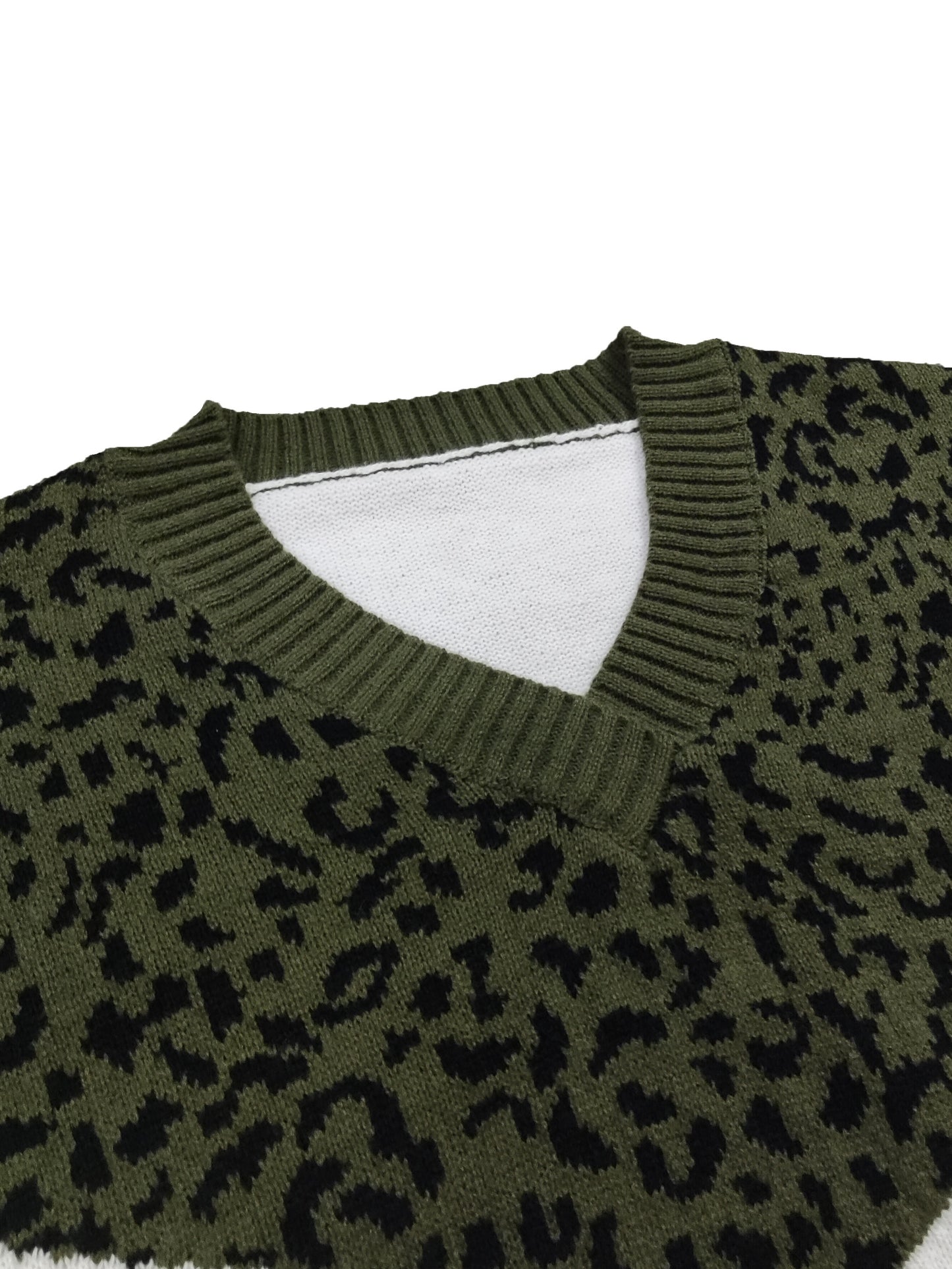 Sixsr Plus Size Casual Sweater, Women's Plus Colorblock Leopard Print V Neck Long Sleeve Pullover Sweater