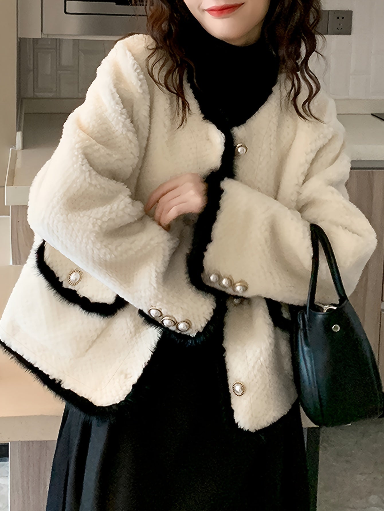 Sixsr Contrast Trim Open Front Outer Top, Elegant Flap Pockets Single Breasted Long Sleeve Coat For Fall & Winter, Women's Clothing