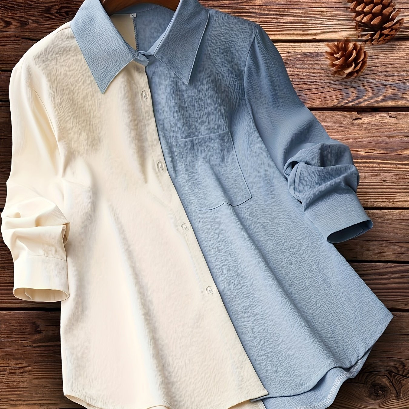 Sixsr Colorblock Polo Collar Button Shirt, Casual Long Sleeve Shirt For Spring & Fall, Women's Clothing