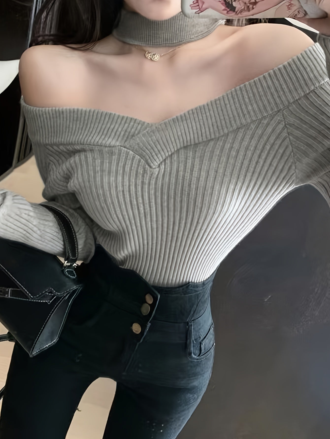 Sixsr Cold Shoulder Choker Neck Sweater, Chic Long Sleeve Sweater For Fall & Winter, Women's Clothing