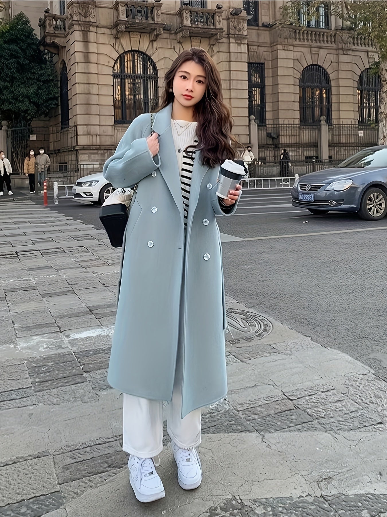 Sixsr Solid Double Breasted Lapel Overcoat, Elegant Long Sleeve Belted Winter Outwear, Women's Clothing