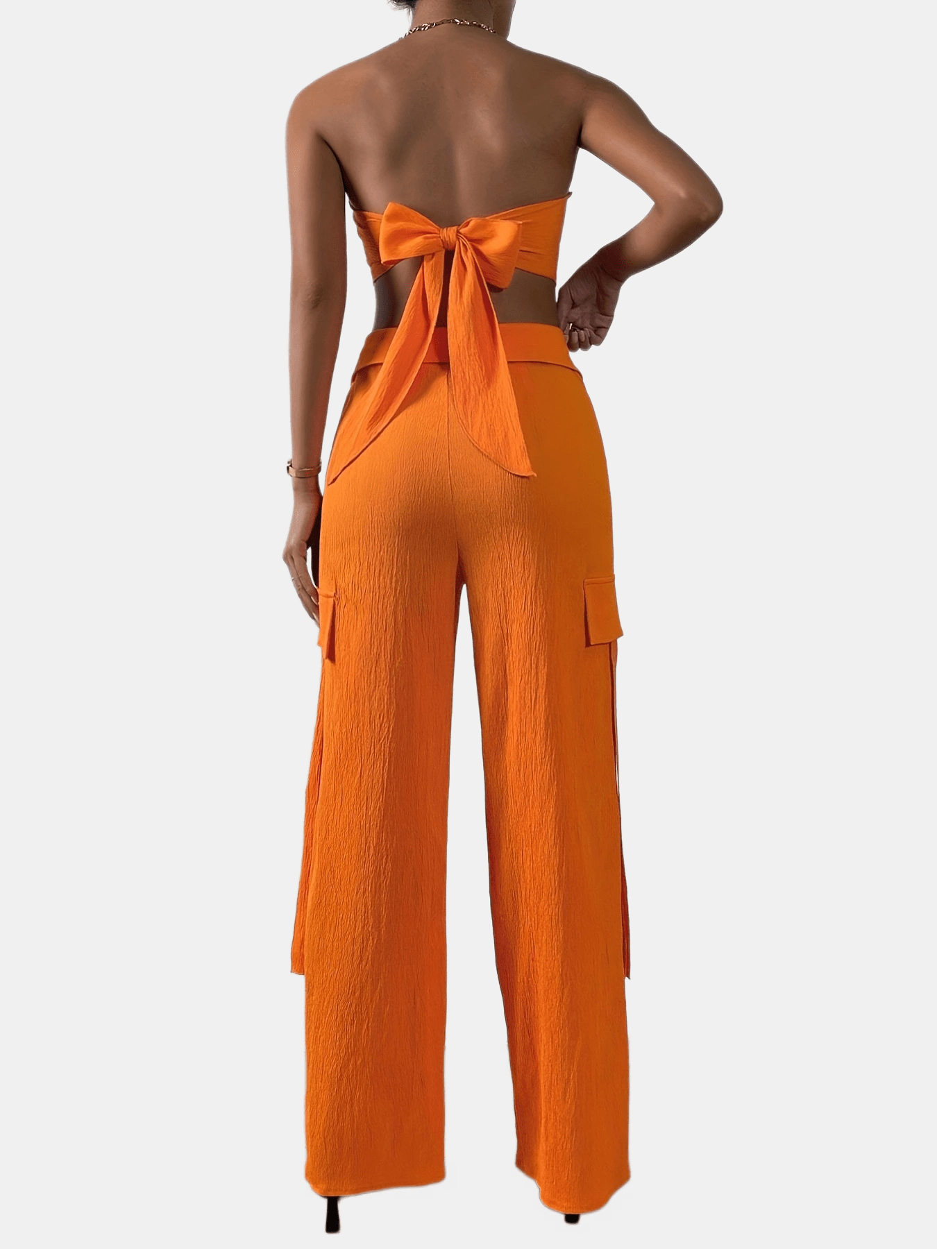 Sixsr Solid Sexy Two-piece Set, Off Shouldet Tie Back Tops & Wide Leg Pants Outfits, Women's Clothing