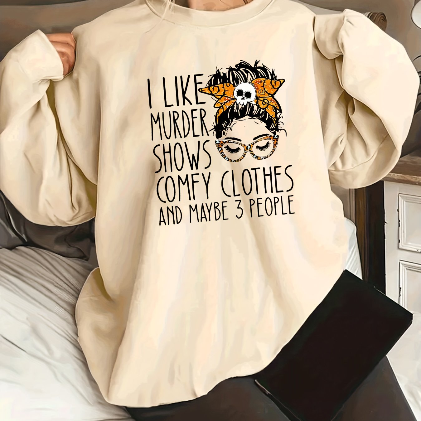 Sixsr Plus Size Casual Sweatshirt, Women's Plus Cartoon Figure & Slogan Print Long Sleeve Crew Neck Slight Stretch Pullover Sweatshirt, Casual Tops For Fall & Winter, Plus Size Women's Clothing
