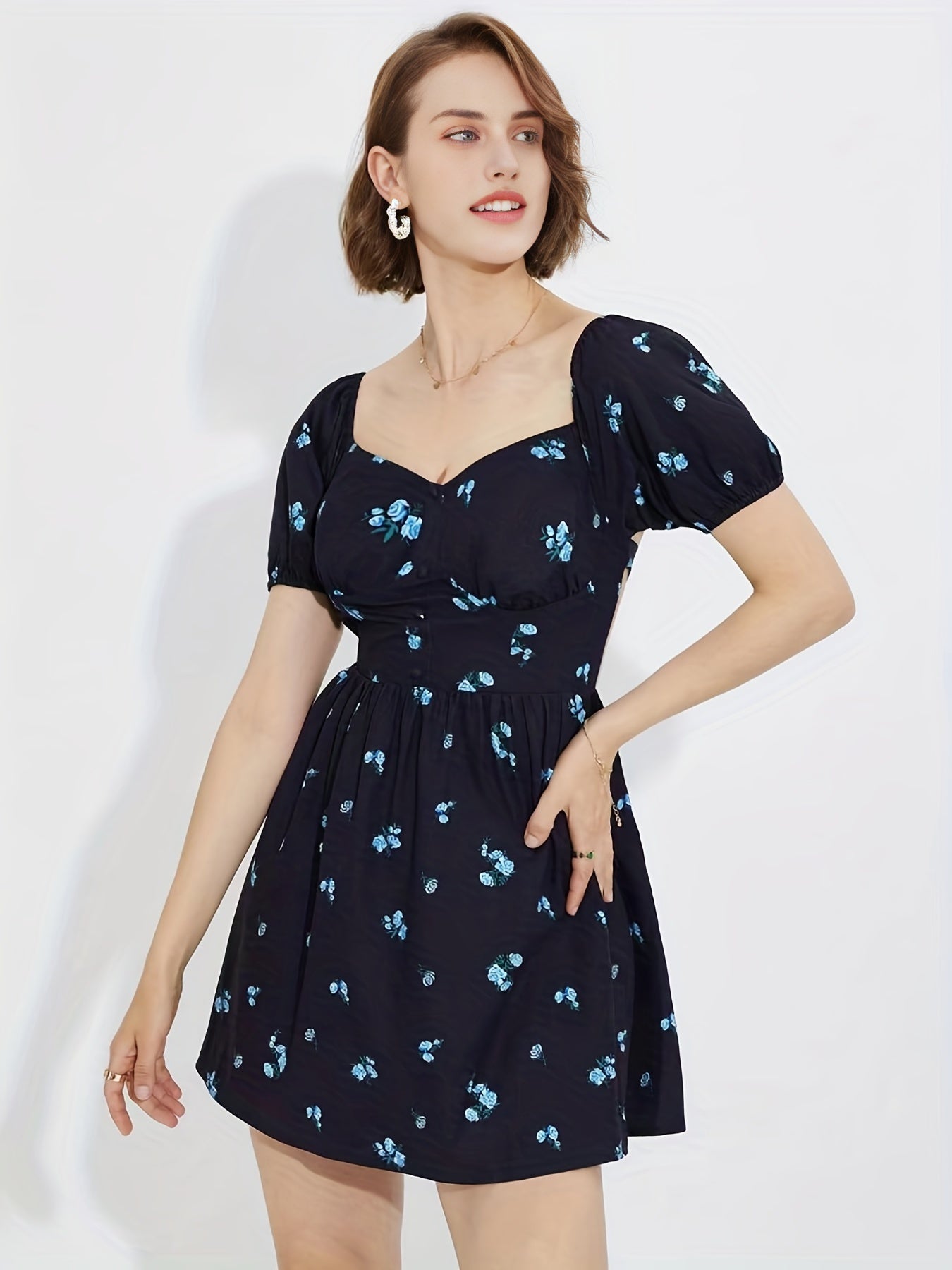 Sixsr Floral Print Sweetheart Neck Dress, Elegant Puff Sleeve Tie Back Ruched Mini Dress, Women's Clothing