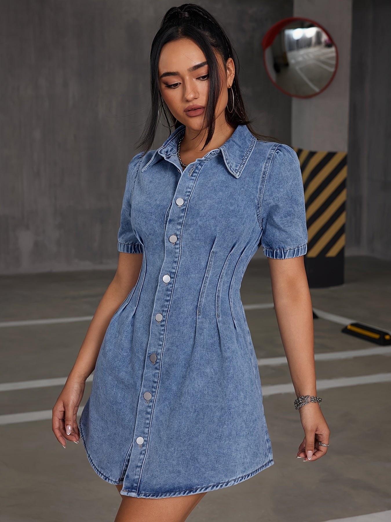 Sixsr Blue Short Sleeves Denim Dress, Single Breasted Button Elegant Lapel Denim Dress, Women's Denim Clothing