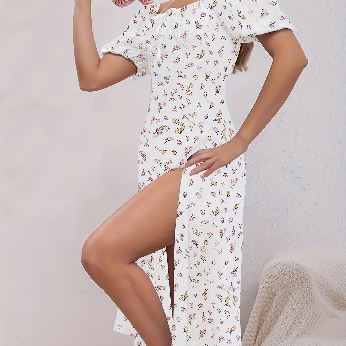 Sixsr Floral Print Split Backless Dress, Boho Square Neck Short Sleeve Dress, Women's Clothing