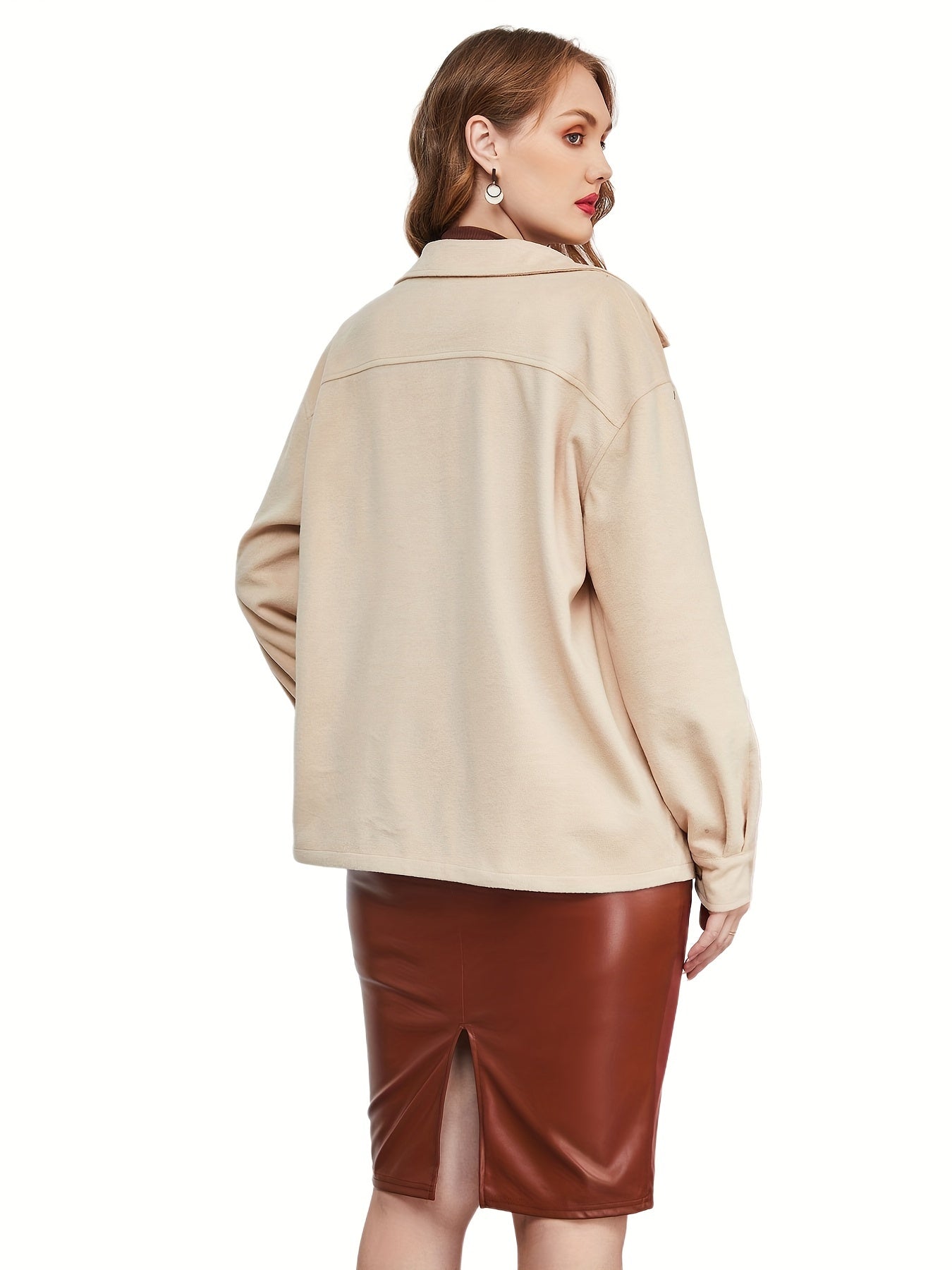 Sixsr Plus Size Casual Coat, Women's Plus Solid Button Up Side Pocket Collared Long Sleeve Coat
