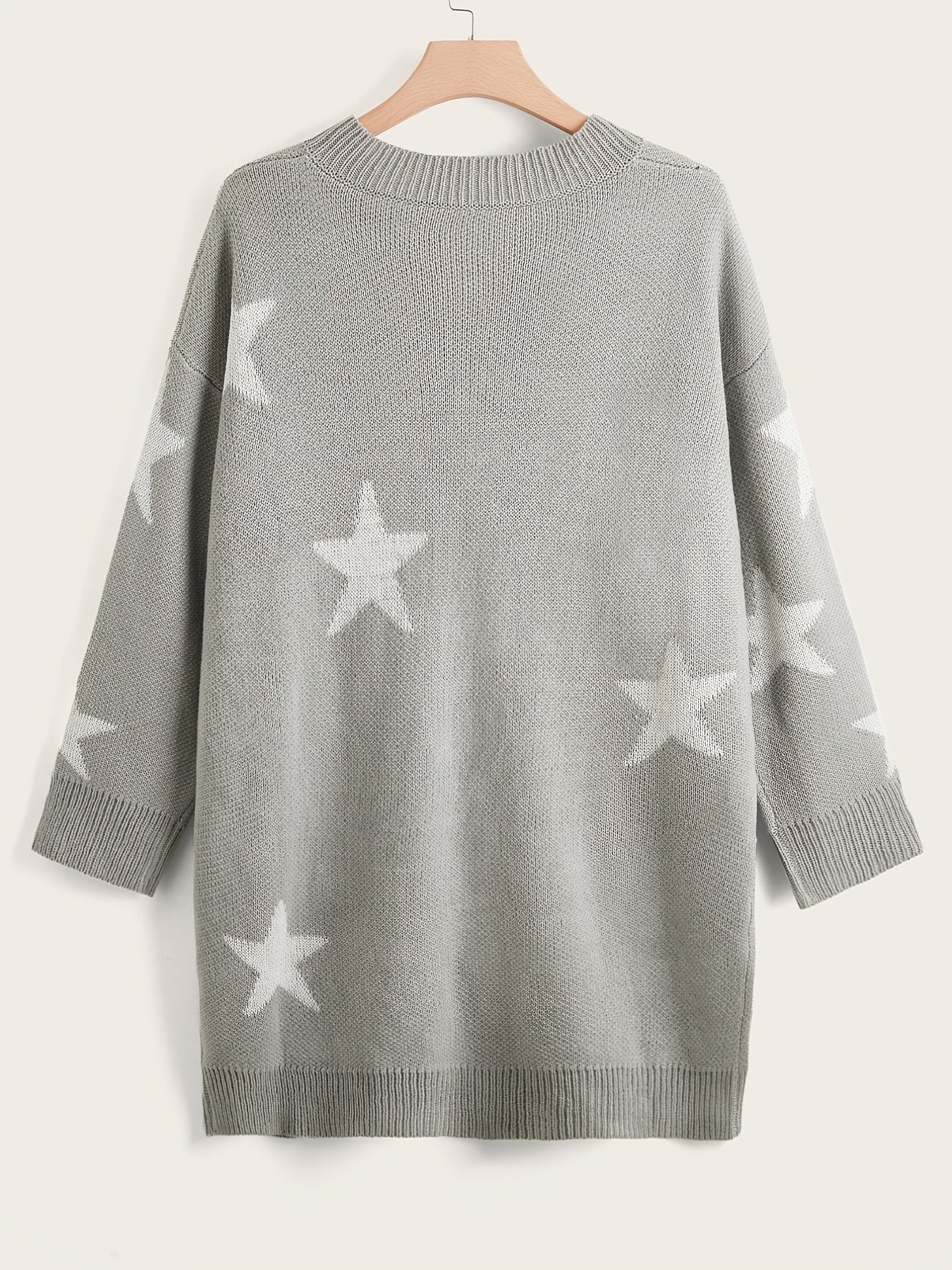 Sixsr Stars Print Sweater Dress, Casual V Neck Long Sleeve Mini Dress, Women's Clothing