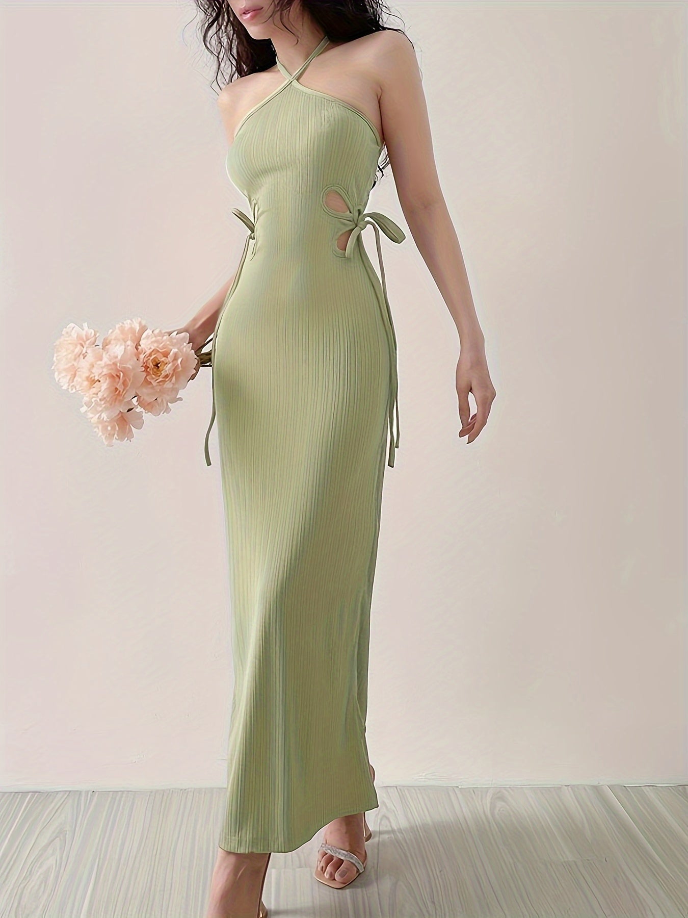 Sixsr Halter Neck Hollow Solid Dress, Elegant Sleeveless Bodycon Party Dress, Women's Clothing