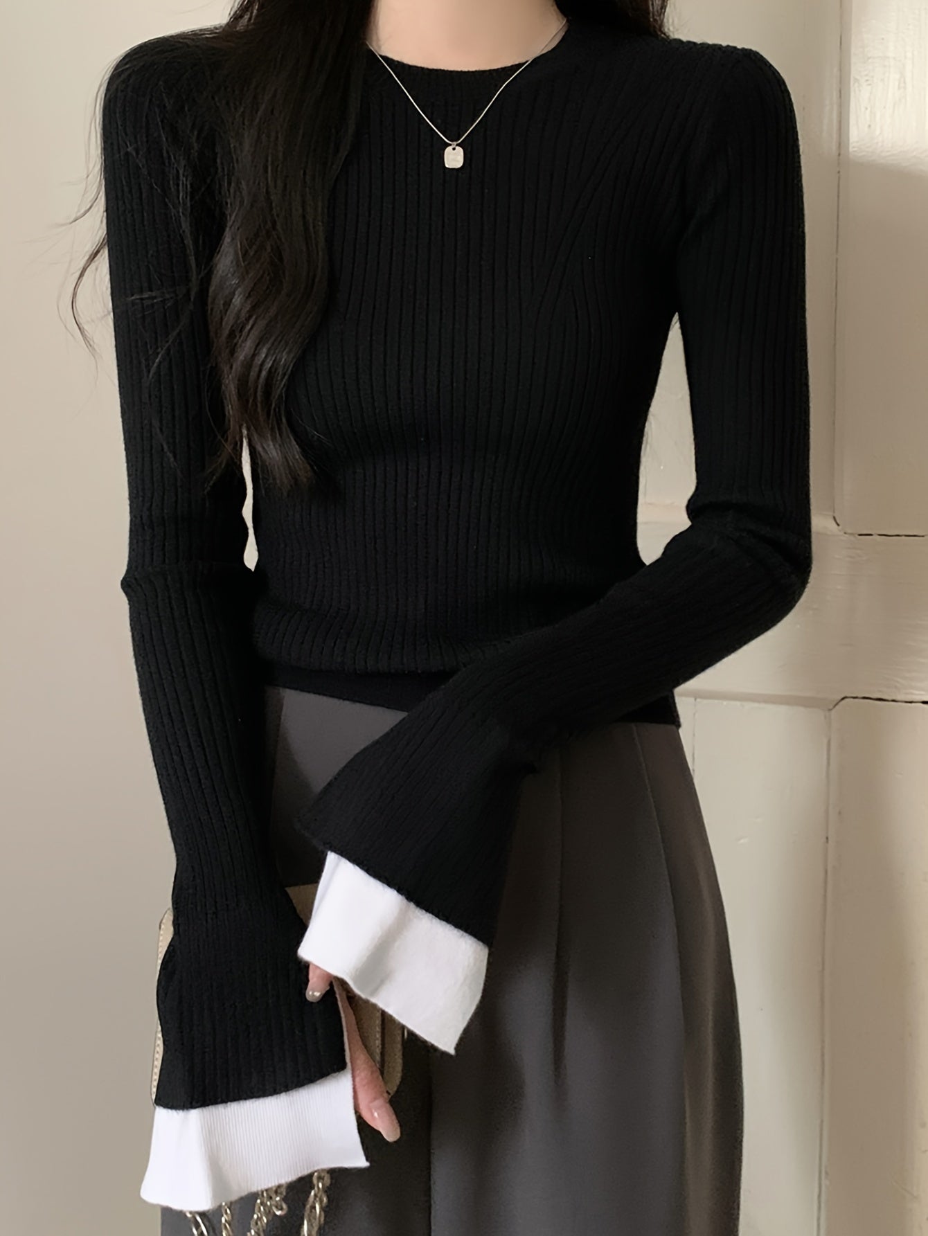 Sixsr Contrast Trim Crew Neck Pullover Sweater, Casual Long Sleeve Slim Knitting Sweater For Every Day, Women's Clothing