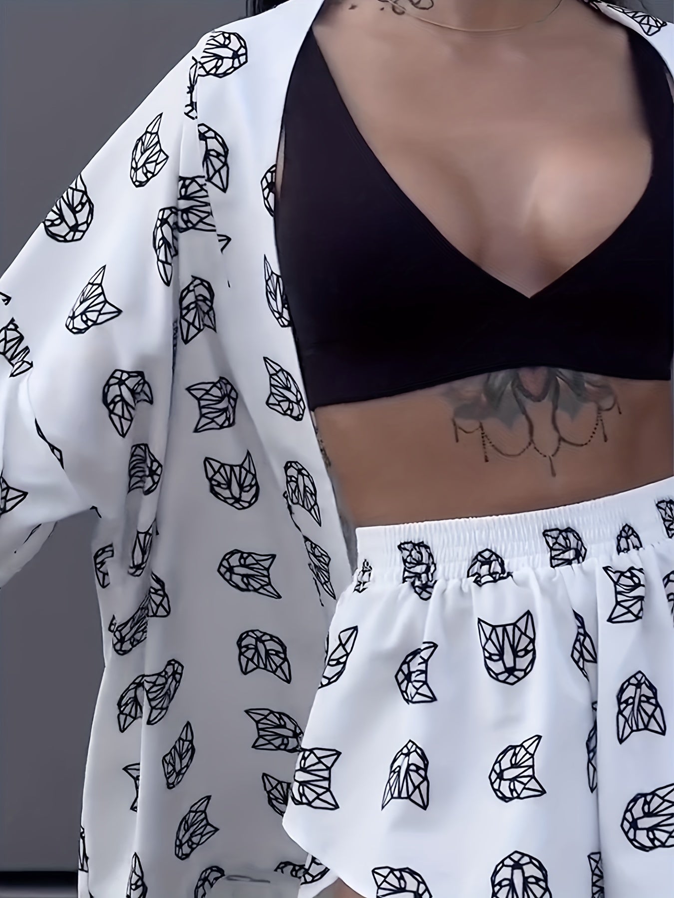 Sixsr Graphic Print Casual Two-piece Set, Open Front Long Sleeve Tops & Elastic Waist Shorts Outfits, Women's Clothing