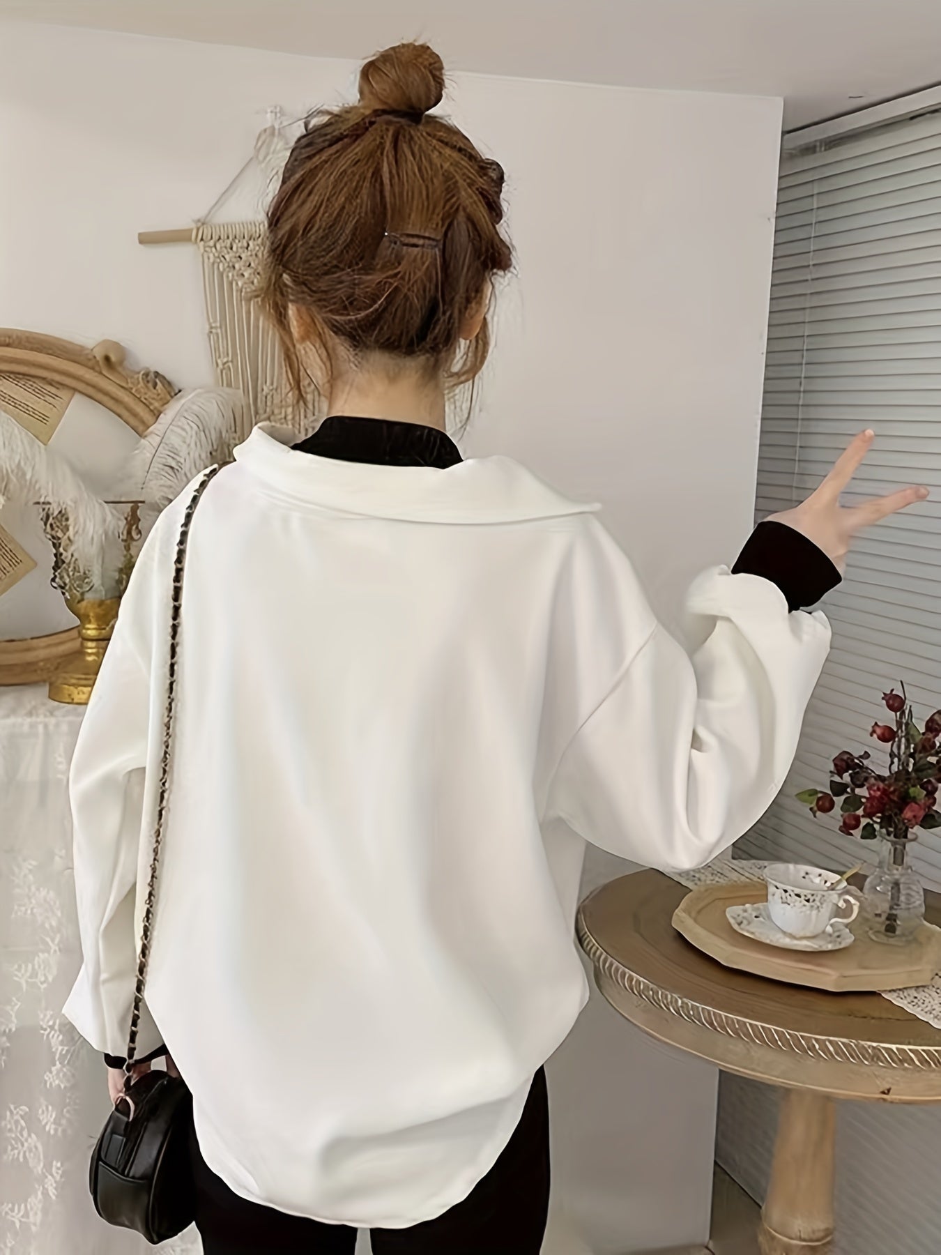 Sixsr Color Block Notch Neck Pullover Top, Stylish Lantern Sleeve Lapel Top For Fall & Winter, Women's Clothing