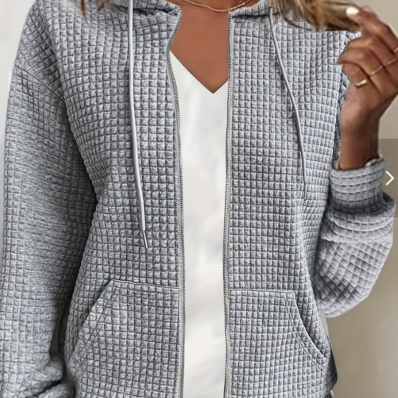 Sixsr Plus Size Casual Coat, Women's Plus Solid Waffle Long Sleeve Hooded Drawstring Sweatshirt Coat With Pockets
