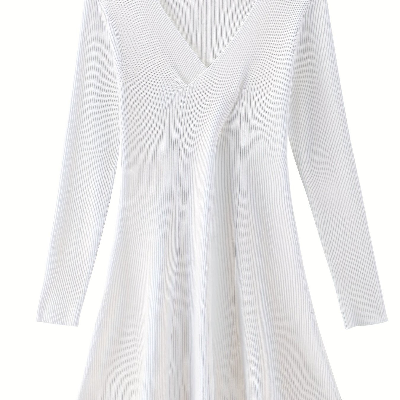 Sixsr Ribbed Flared Dress, Sexy Solid V Neck Long Sleeve Dress, Women's Clothing