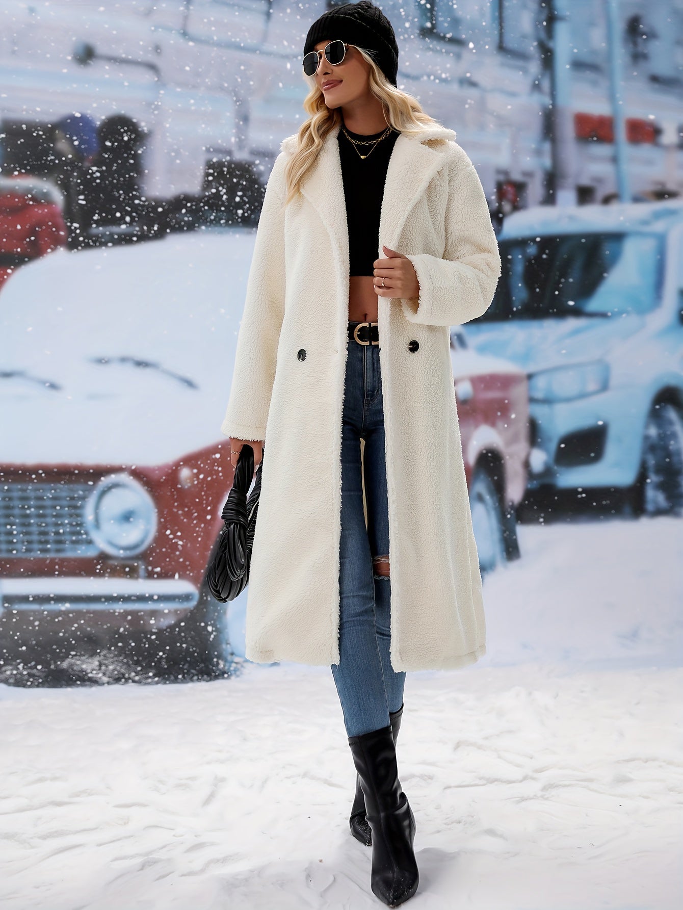 Sixsr Solid Double Breasted Teddy Coat, Elegant Lapel Thermal Longline Coat For Fall & Winter, Women's Clothing