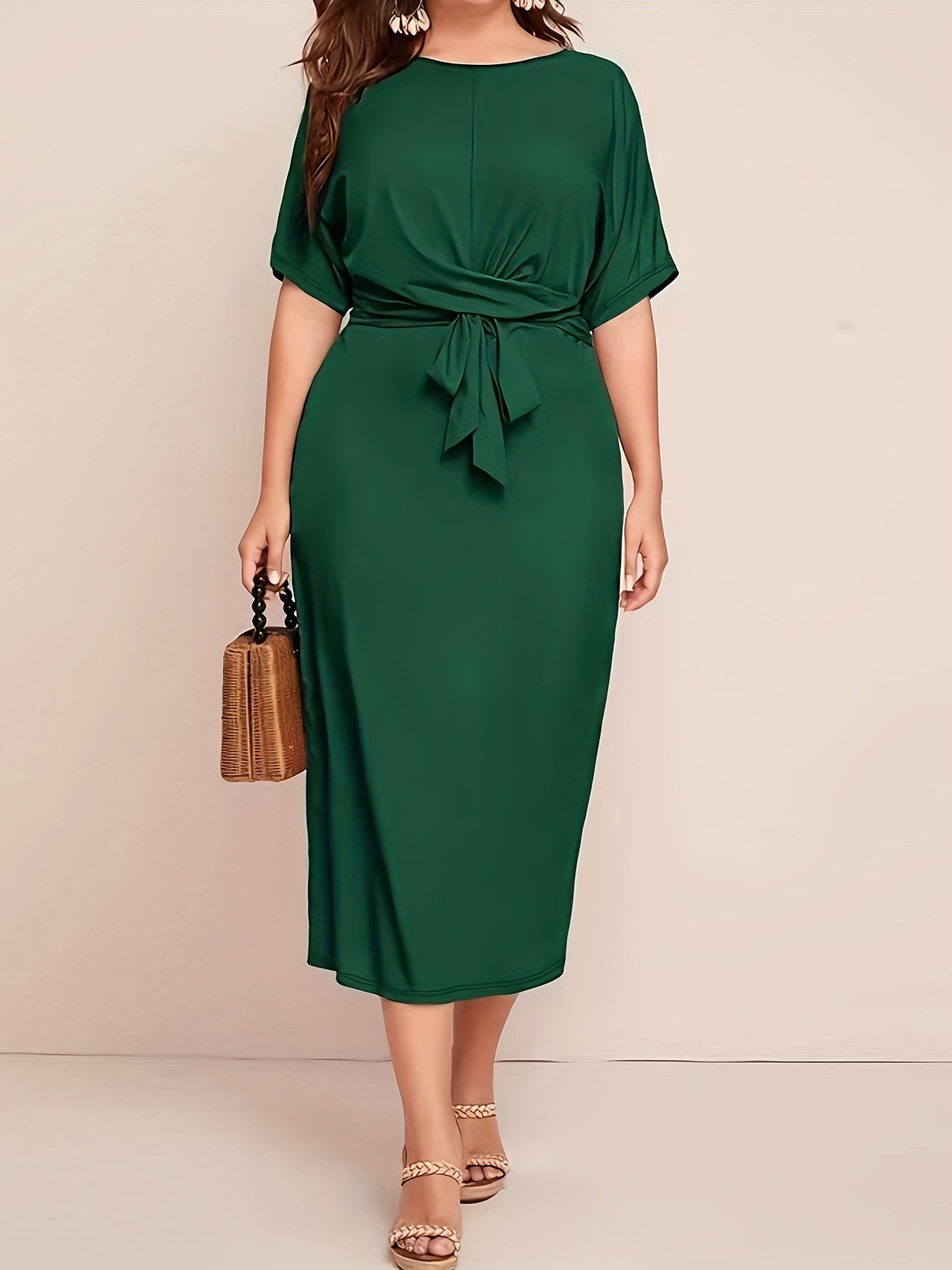 Sixsr Solid Tie Waist Elegant Dress, Half Sleeve Slim Dress For Spring & Fall, Women's Clothing