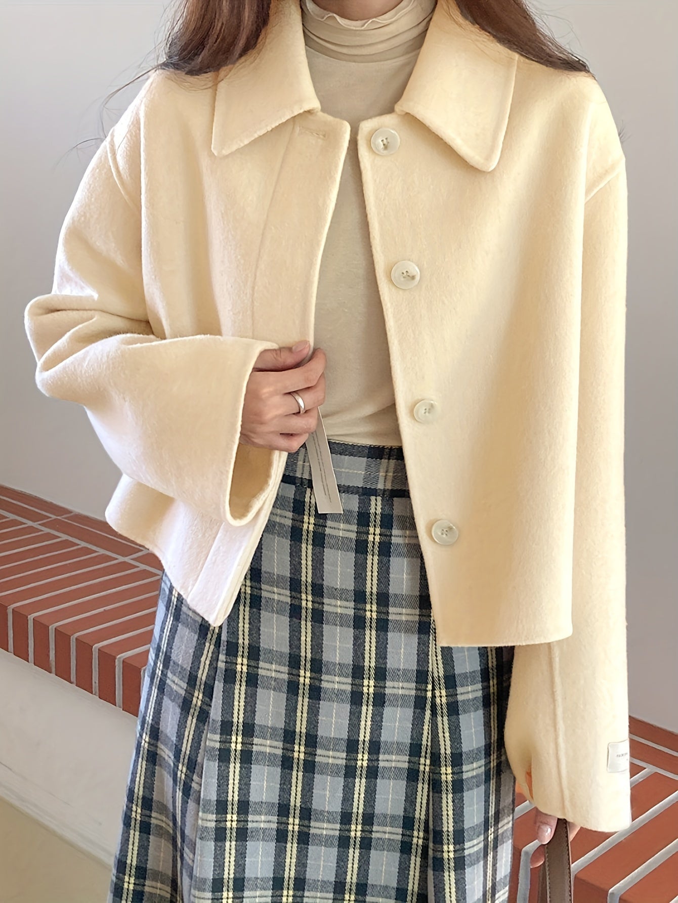 Sixsr Button Front Lapel Neck Jacket, Casual Solid Color Long Sleeve Coat For Fall & Winter, Women's Clothing