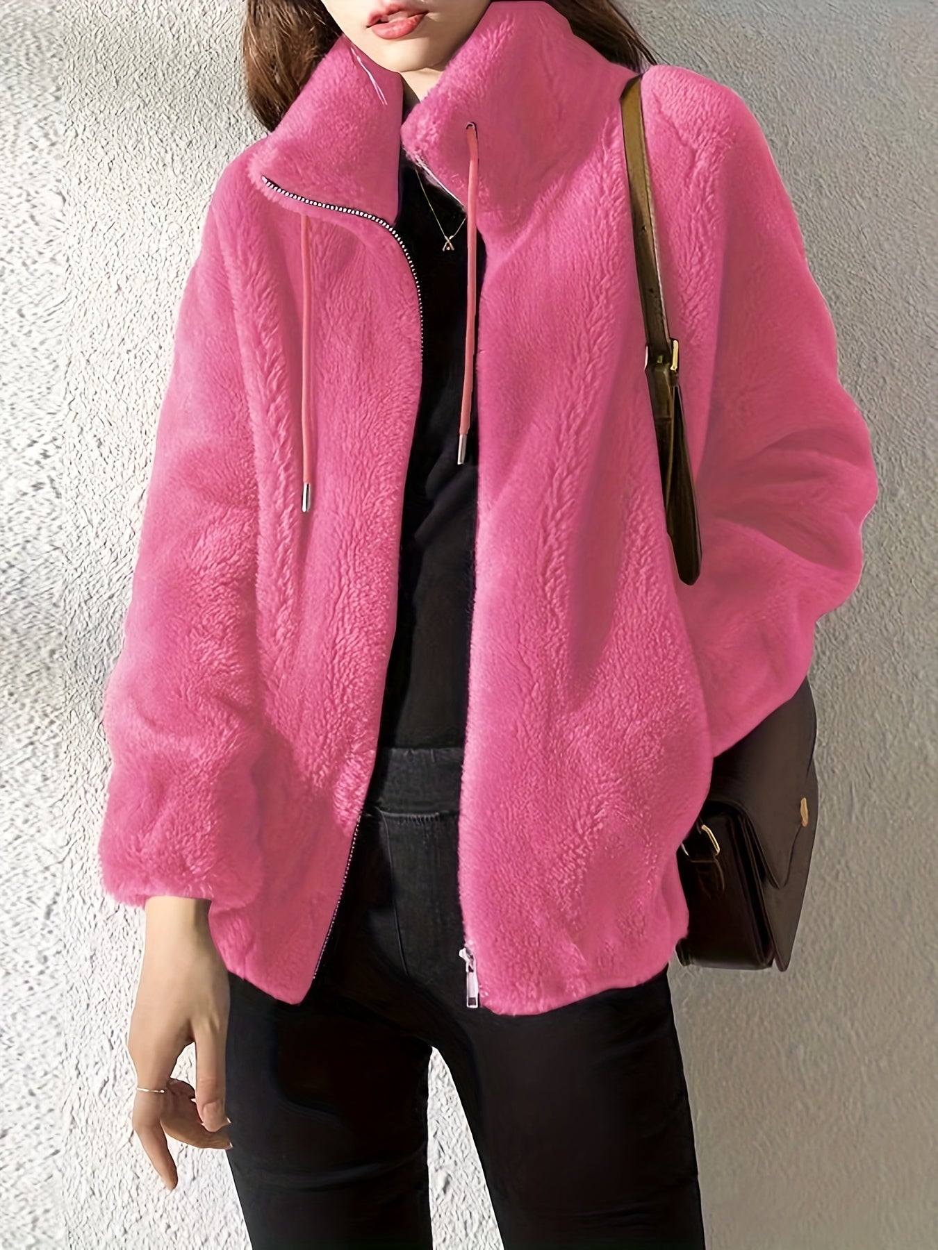 Sixsr Drawstring Teddy Coat, Casual Zip Up Long Sleeve Warm Outerwear, Women's Clothing